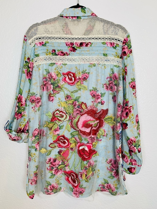 John Mark Tops - John Mark Button Up Shirt Large Embroidered Floral Patchwork Crochet Boho Lace